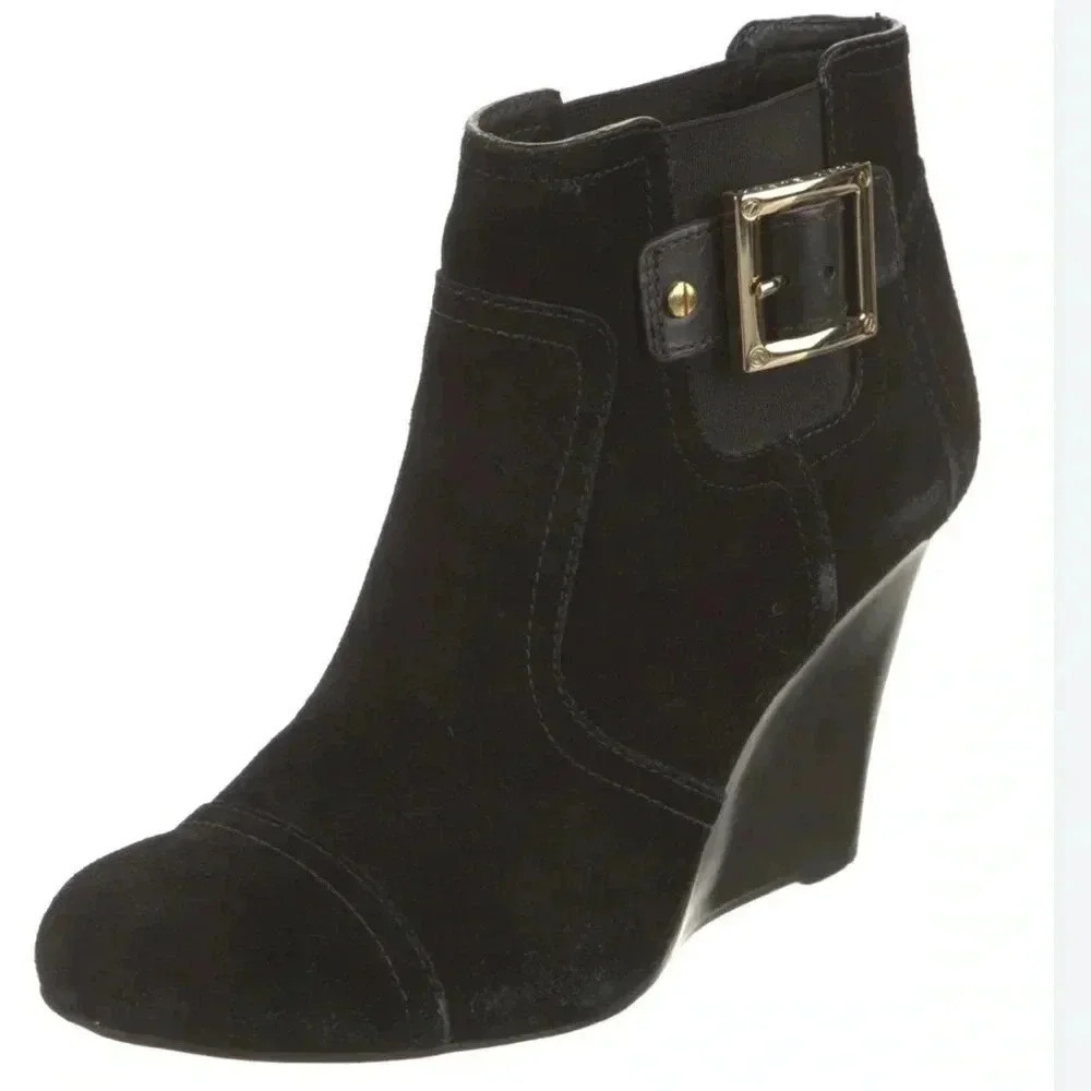 Tory Burch Suede Ankle Boots Wedge Heel Black Leather Gold Buckle Womens 9